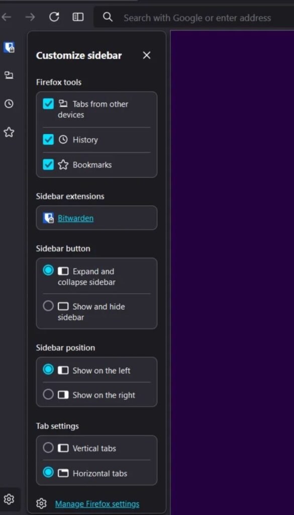 Open Sidebar Settings