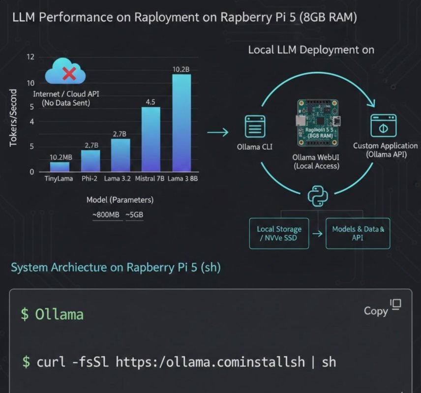 Hardware architecture and performance benchmarks for Ollama on Raspberry Pi 5. Note the significant speed advantage of smaller models like TinyLlama compared to larger 7B+ parameters.