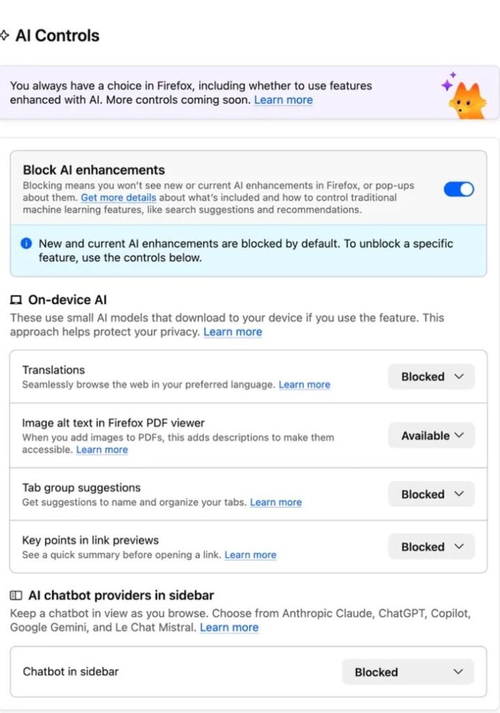 Firefox 148 AI Controls menu" and "disable Firefox AI chatbot